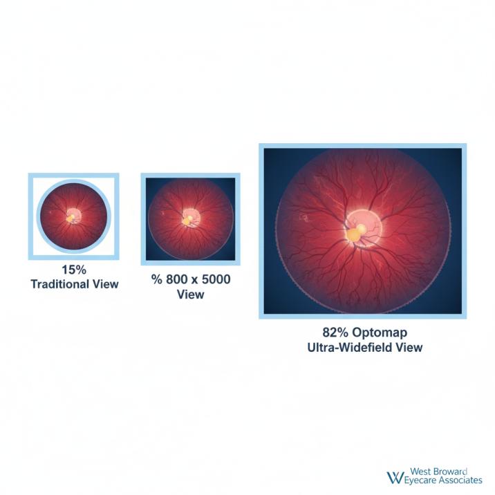 Comparison showing traditional retinal imaging 15% coverage versus Optomap ultra-widefield 82% retinal coverage for comprehensive eye health assessment