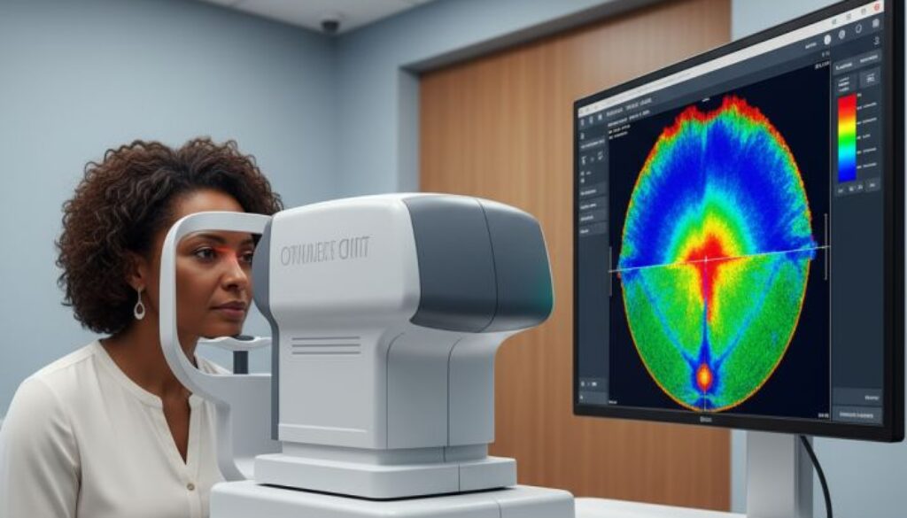 Patient receiving OCT eye scan at West Broward Eyecare Associates with detailed retinal cross-section displayed on monitor showing multiple retinal layers
