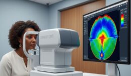 Patient receiving OCT eye scan at West Broward Eyecare Associates with detailed retinal cross-section displayed on monitor showing multiple retinal layers