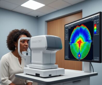 Patient receiving OCT eye scan at West Broward Eyecare Associates with detailed retinal cross-section displayed on monitor showing multiple retinal layers