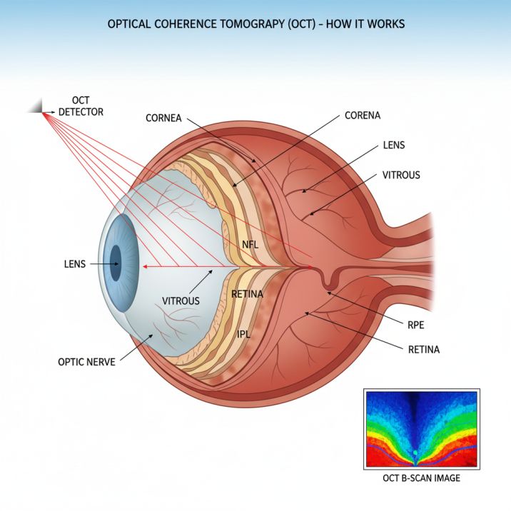 Detailed diagram illustrating how OCT light waves penetrate eye structures to create cross-sectional retinal images for disease detection