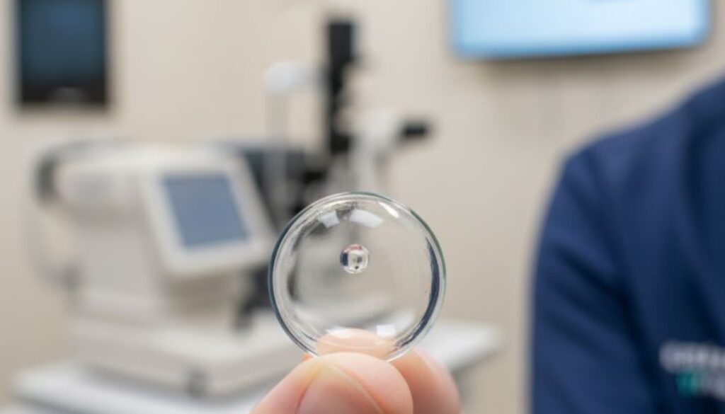 Advanced scleral contact lens for complex vision correction showing the large, gas-permeable design that vaults over the cornea for keratoconus and irregular astigmatism treatment