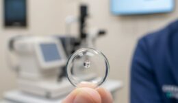 Advanced scleral contact lens for complex vision correction showing the large, gas-permeable design that vaults over the cornea for keratoconus and irregular astigmatism treatment