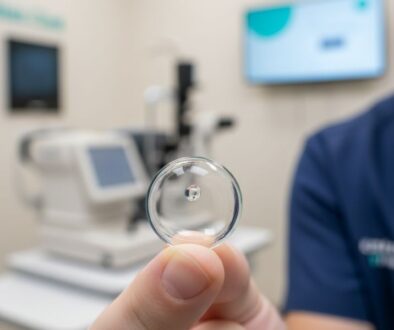 Advanced scleral contact lens for complex vision correction showing the large, gas-permeable design that vaults over the cornea for keratoconus and irregular astigmatism treatment