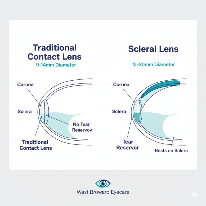Comparison diagram showing traditional contact lens versus scleral contact lens positioning on the eye, demonstrating how scleral lenses vault over the cornea