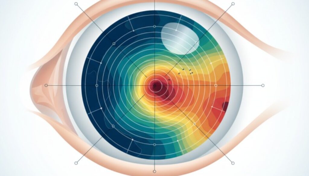 Advanced corneal topography mapping illustration showing detailed eye surface analysis with color-coded elevation patterns and measurement grid for precise vision correction planning