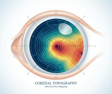 Advanced corneal topography mapping illustration showing detailed eye surface analysis with color-coded elevation patterns and measurement grid for precise vision correction planning