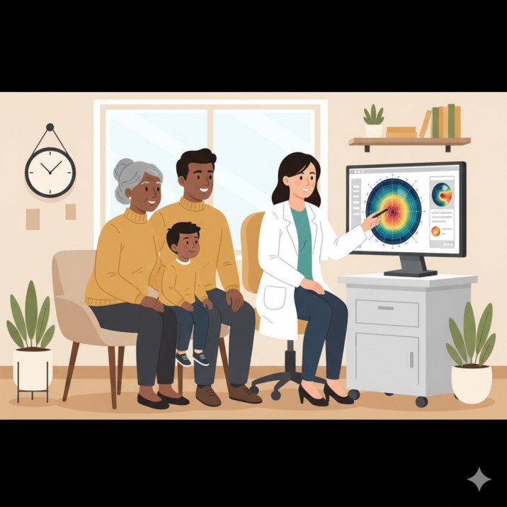 Multi-generational family receiving corneal topography consultation at West Broward Eyecare Associates, showing family-centered approach to advanced eye care technology