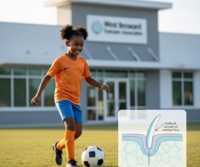 Young child playing soccer with clear vision after orthokeratology treatment, with diagram showing overnight corneal reshaping lens - West Broward Eyecare Associates, Tamarac Florida