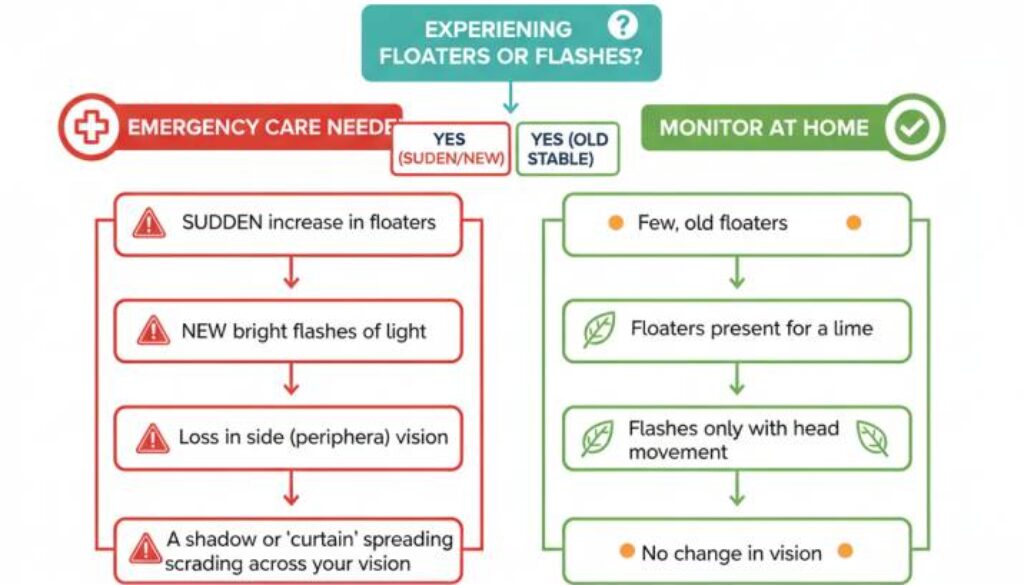 Emergency decision flowchart for eye floaters and flashes showing when to seek immediate care versus when to monitor symptoms at home