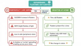 Emergency decision flowchart for eye floaters and flashes showing when to seek immediate care versus when to monitor symptoms at home