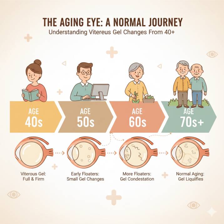 Timeline showing normal age-related eye changes and posterior vitreous detachment development from age 40 to seniors