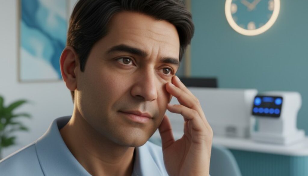 Person experiencing sudden vision changes considering emergency eye care vs regular eye doctor visit in Tamarac FL