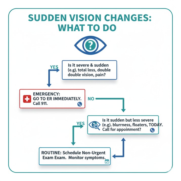 Emergency eye care decision flowchart for sudden vision changes showing when to call 911, see eye doctor, or schedule routine care