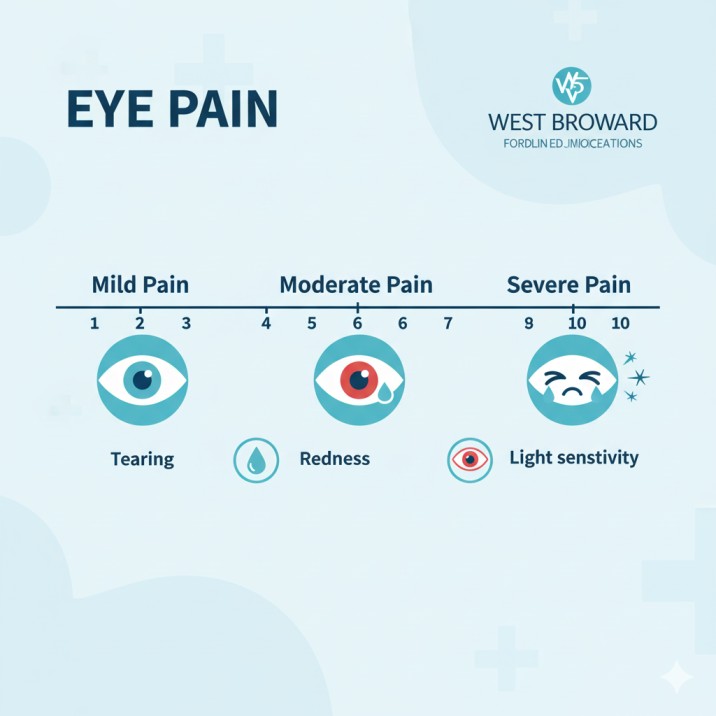 Professional eye pain scale chart showing levels 1-10 with mild, moderate, and severe pain indicators for assessing when eye pain requires medical attention