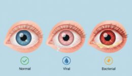Medical comparison showing three children's eyes: normal eye, viral pink eye with watery discharge, and bacterial pink eye with thick discharge - diagnostic guide for parents