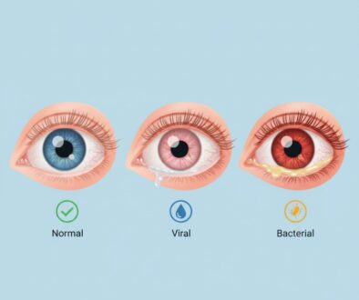Medical comparison showing three children's eyes: normal eye, viral pink eye with watery discharge, and bacterial pink eye with thick discharge - diagnostic guide for parents