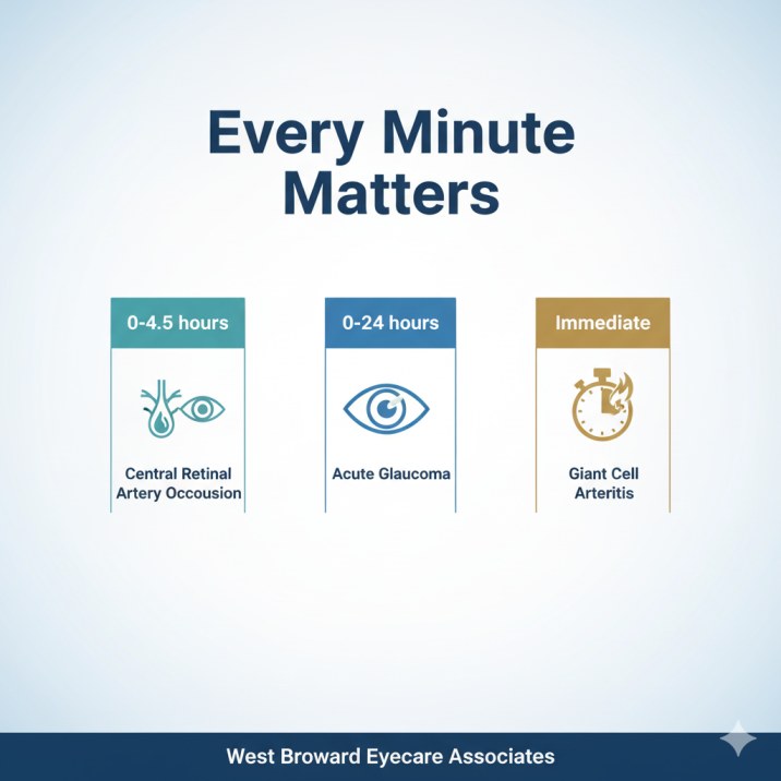 Emergency treatment timeline infographic showing critical time windows for vision loss conditions including retinal artery occlusion, acute glaucoma, and giant cell arteritis