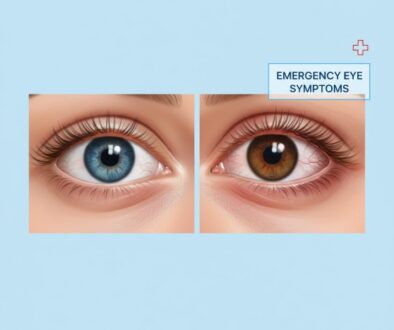 Red painful eyes emergency symptoms comparison showing normal eye versus inflamed bloodshot eye with visible warning signs requiring immediate medical attention