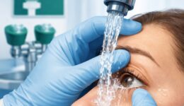 Emergency first aid irrigation procedure for chemical eye burns showing hands assisting with eye flushing under running water