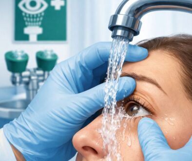 Emergency first aid irrigation procedure for chemical eye burns showing hands assisting with eye flushing under running water