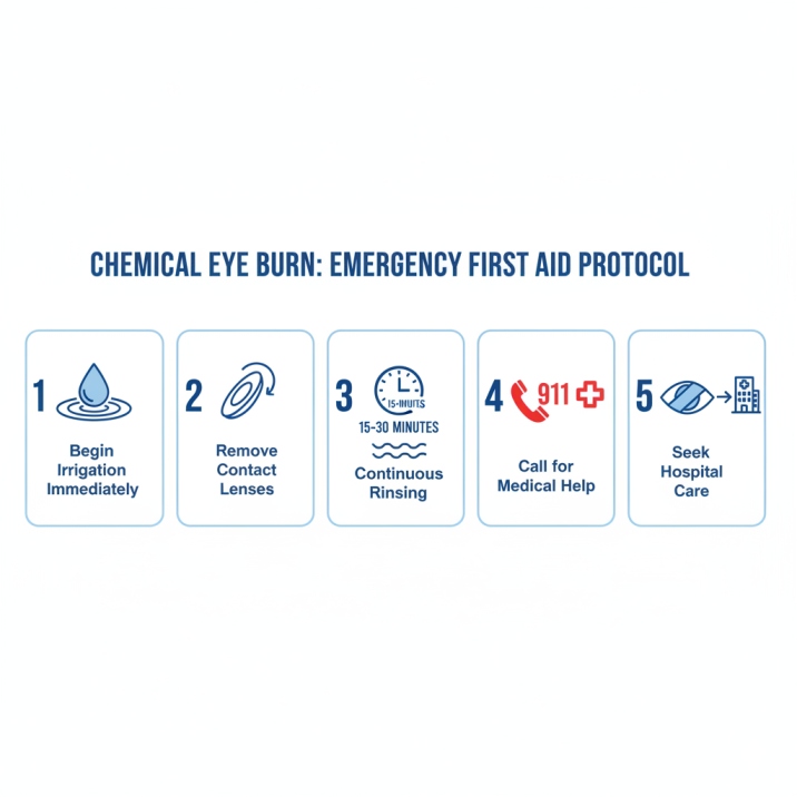 Five-step emergency first aid protocol for chemical eye burns: irrigate immediately, remove contacts, flush 15-30 minutes, call emergency services, seek medical care