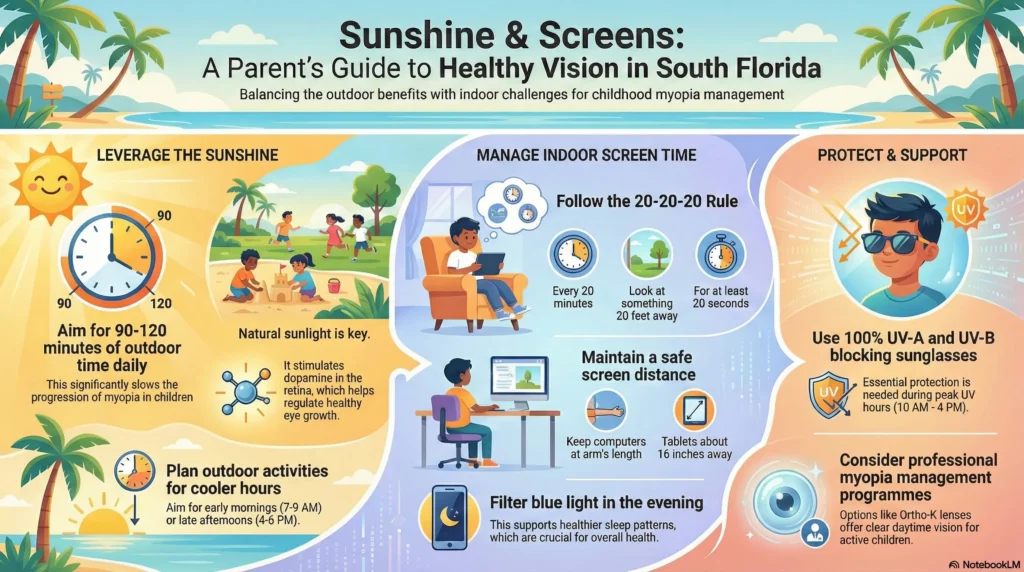 An infographic titled "Myopia Management in the Sunshine State" highlighting strategies for children's eye health: 90-120 minutes of daily outdoor time, the 20-20-20 rule for screens, UV protection with wraparound sunglasses, and management options like Ortho-K and speciality lenses.