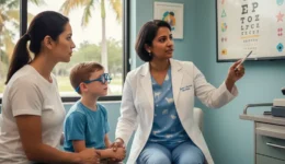 Parent and child discussing frequent glasses prescription changes during a pediatric eye exam in Tamarac, Florida
