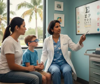 Parent and child discussing frequent glasses prescription changes during a pediatric eye exam in Tamarac, Florida