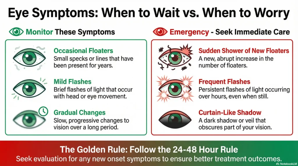 Flowchart showing when eye flashes and floaters are emergencies versus normal aging.