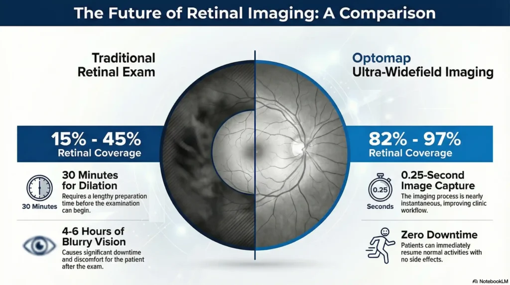 Infographic comparing 15-degree traditional retinal exam vs 200-degree Optomap ultra-widefield imaging coverage.