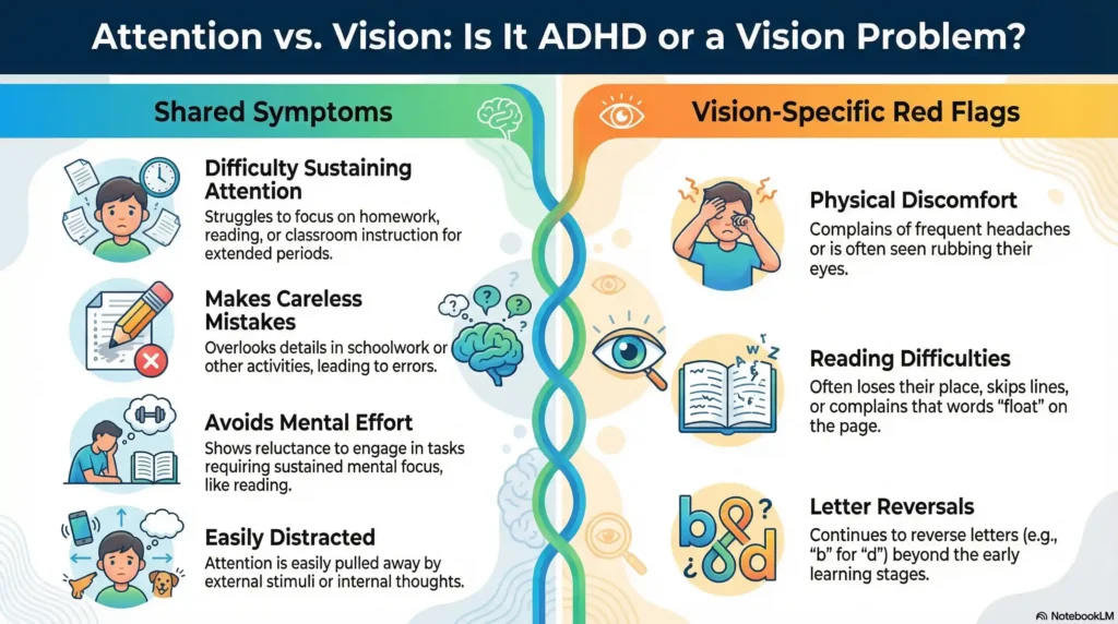 Comparison chart of ADHD symptoms vs functional vision problem symptoms in children.