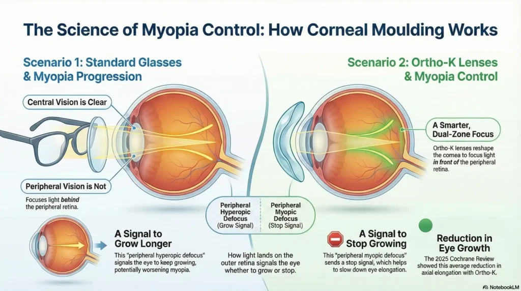 Diagram showing how corneal molding lenses create peripheral defocus to slow myopia progression.