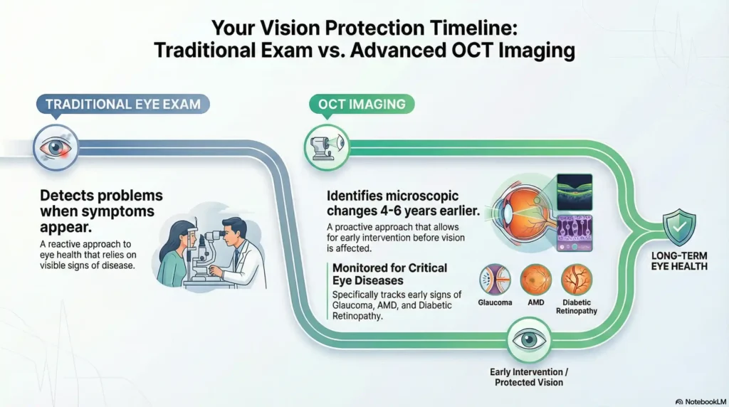 Infographic showing OCT imaging detecting eye disease 4-6 years before traditional exams.