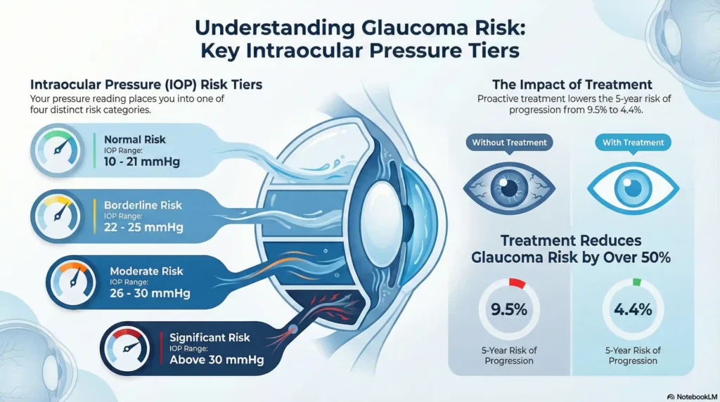 Chart showing ocular hypertension pressure ranges (mmHg) and 5-year glaucoma progression risks.