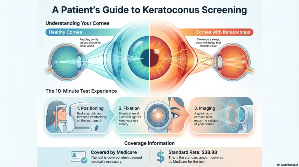 Side-by-side comparison of normal corneal topography vs keratoconus mapping.