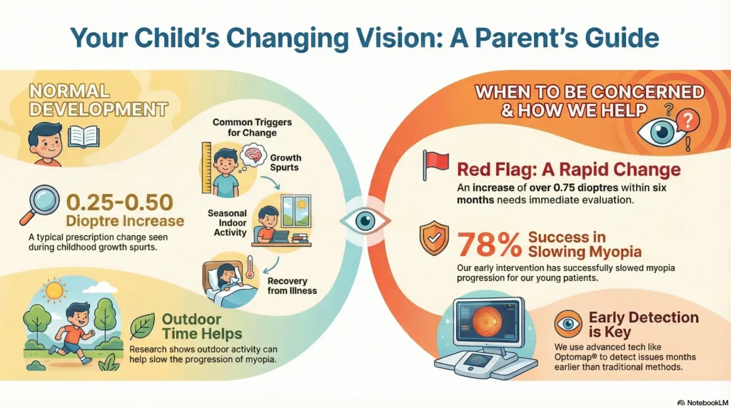Infographic illustrating childhood vision development, highlighting that 0.25–0.50 dioptre increases are standard during growth spurts. It notes that advanced diagnostics and outdoor time help manage changes.