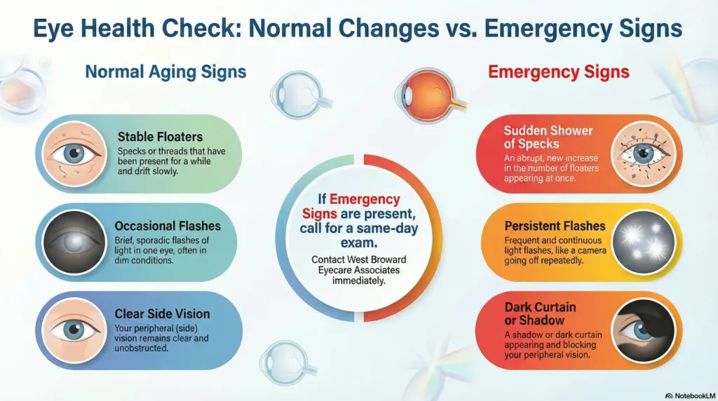 Emergency Eye Care Decision Chart: Floaters vs. Retinal Detachment Symptoms.