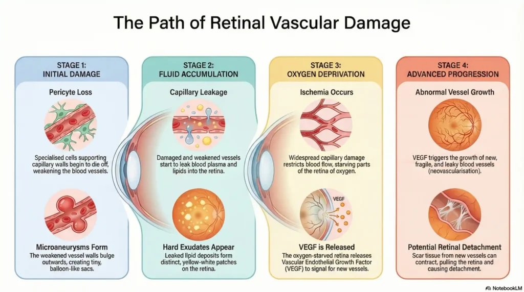 Diagram showing the four stages of vascular damage in diabetic retinopathy, from pericyte loss to neovascularization.
