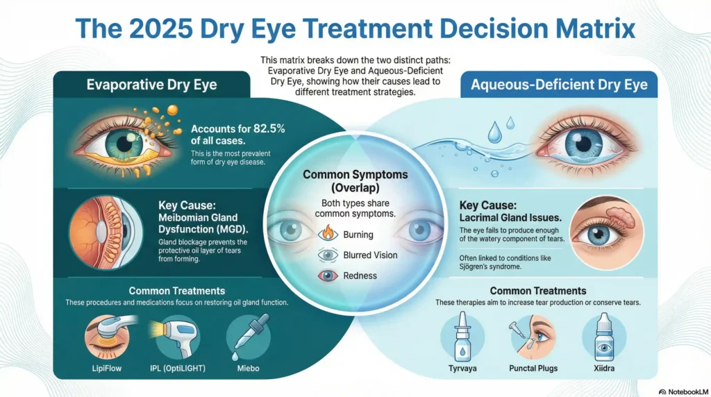 Infographic comparing Evaporative vs Aqueous-Deficient Dry Eye symptoms and 2025 treatment options.