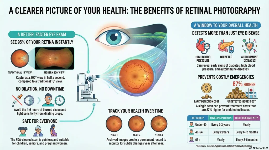 Infographic comparing the 200-degree wide view of an Optomap retinal photo against standard dilation, highlighting 5 key benefits: no dilation drops needed, instant results, early disease detection, zero recovery time, and safe monitoring for all ages.