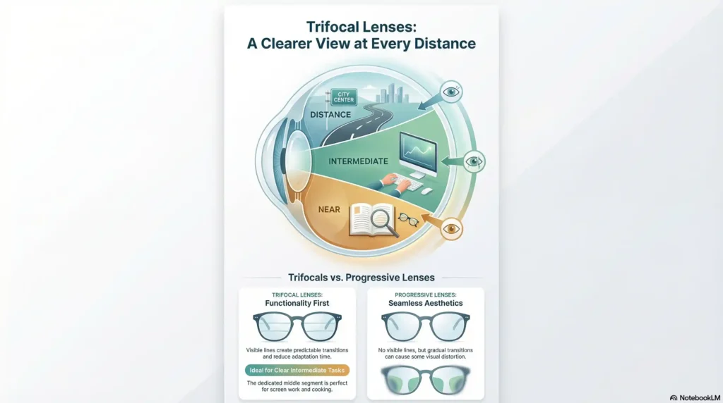 Diagram showing the three vision correction zones of trifocal lenses for near, intermediate, and distance vision.