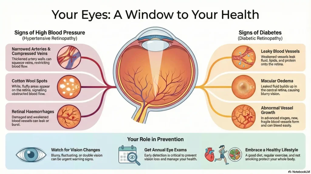 Infographic explaining how comprehensive eye exams detect diabetic retinopathy and hypertensive signs in retinal blood vessels to identify systemic health issues early.