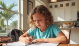 Child squinting while doing homework indoors, showing early signs of vision strain