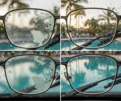 Comparison of damaged eyeglass lenses vs premium lenses in Florida humidity and sun