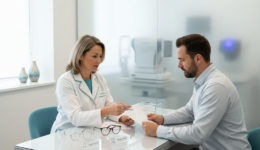 Optometrist explaining progressive vs single-vision lenses to a patient in Tamarac clinic
