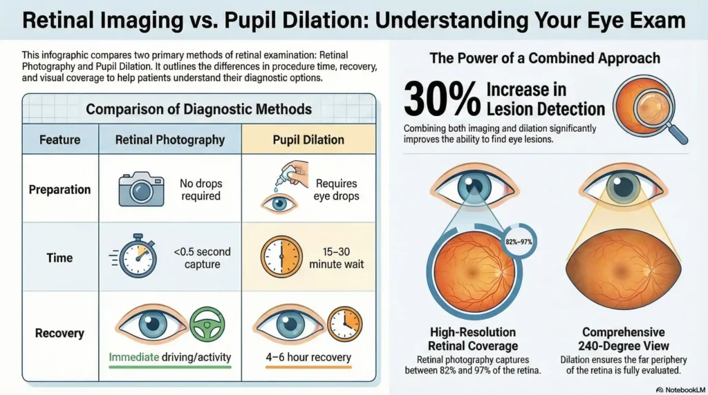 Comparison chart of Retinal Photography vs Pupil Dilation benefits, recovery time, and diagnostic coverage.