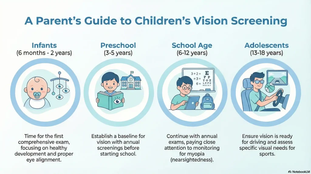 Pediatric myopia screening schedule and vision milestones for ages 0 to 18.
