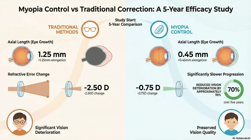 Table comparing 5-year outcomes of myopia control vs. traditional methods.