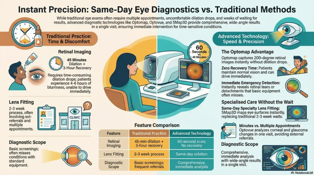 Chart comparing the weeks-long timeline of traditional multi-visit eye exams against the immediate results provided by same-day diagnostic technology